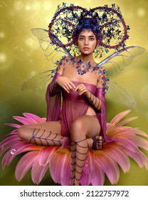 3d computer graphics of a fairy with fantasy headdress and wings