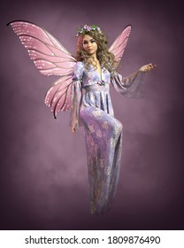 3d computer graphics of a fairy in a purple dress and pink butterfly wings