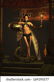 3d computer graphics of a fantasy scene with girl and snake
