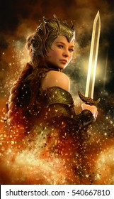 3D computer graphics of a female warrior with fantasy dress and sword