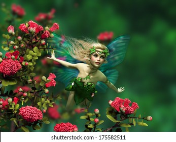 3d computer graphics of a flying fairy with blond hair and butterfly wings