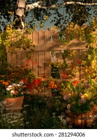 3d Computer Graphics Of A Garden Scene With Broken Fence And Potted Flowers