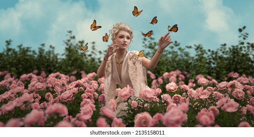 3d computer graphics of a girl surrounded by roses and butterflies