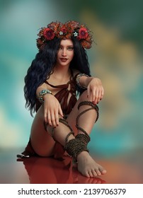 3d computer graphics of a girl with wreath of flowers on the head 