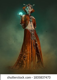 3d computer graphics of a lady with a fantasy dress in orange color and a luminous sphere in her hand