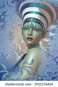 3d computer graphics of lady with headdress with a wintry background