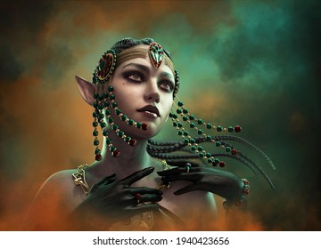 3d computer graphics of a lady with headdress of pearls