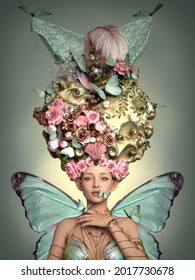3d computer graphics of a a lady with a rococo headdress and butterflies