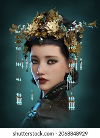 3d computer graphics of a portrait of a girl with an oriental headdress