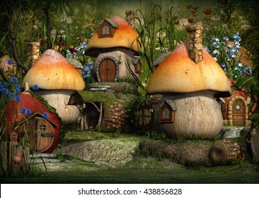 3d computer graphics of a village with Leprechaun cottages
