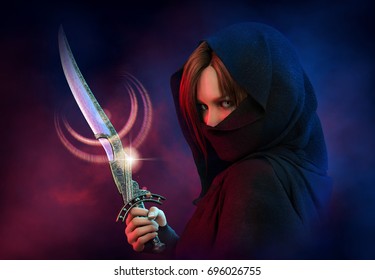 3d computer graphics of a  wrapped female assassin with a dagger