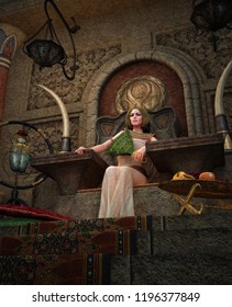 3D Computer Graphics Of A Young Woman With Ancient Egyptian Makeup And Clothing, Sitting On A Throne