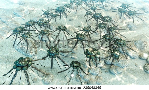 A 3-D computer illustration of colonies of the tiny\
extinct marine animals known as Diplograptus (Graptolites) of the\
Ordovician period (which occurred from 505 to 438 million years\
ago).