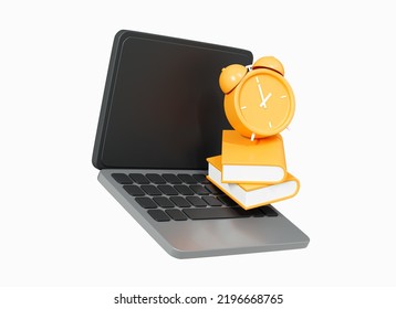 3D Computer Laptop With Books And Alarm Clock. Back To School. Online Study. Education Concept. Time To Work In Office. Cartoon Creative Design Icon Isolated On White Background. 3D Rendering