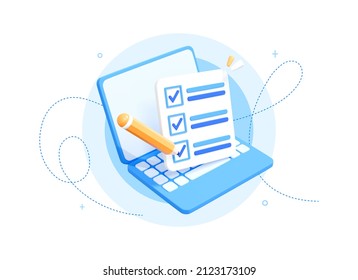 3D Computer laptop with Checklist. Project task management or to do list. Online form survey. Business concept. Realistic elements isolated on white background. 3D Rendering - Powered by Shutterstock