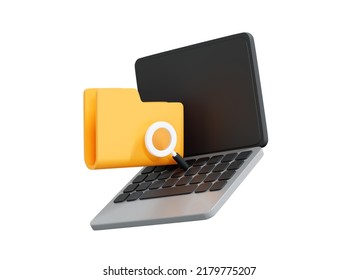 3D Computer Laptop With Folder And Magnifier. Data Management Concept. Search Files And Document In Archive On Computer. Cartoon Creative Design Icon Isolated On White Background. 3D Rendering