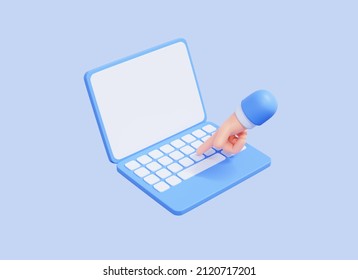 3D Computer laptop with hand finger presses on keyboard button. Typing on notebook. Minimal laptop with empty screen mockup. Cartoon design illustration isolated on blue background. 3D Rendering
