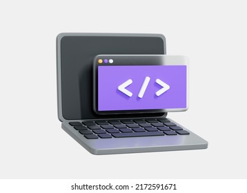 3D Computer Laptop And Program Code Development. Web Coding Concept. Website Programming. Realistic Elements. Cartoon Creative Design Icon Isolated On White Background. 3D Rendering