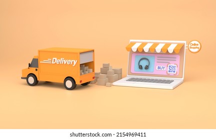 3D. Computer Laptop With QR Code Screen Buy And Delivery Truck. Concept Online Shopping
