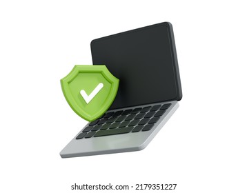 3D Computer Laptop With Security Shield. Cyber Privacy Concept. Safety And Protection. Personal Data Security. Green Check Mark. Cartoon Creative Design Icon Isolated On White Background. 3D Rendering