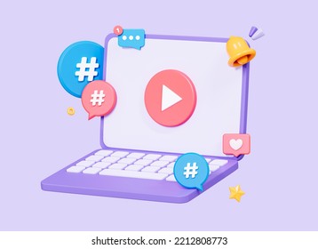 3D Computer Laptop With Video Play Button And Hashtag. Live Streaming Concept. Social Media Marketing. Online Cinema Player. Cartoon Creative Design Icon Isolated On Purple Background. 3D Rendering