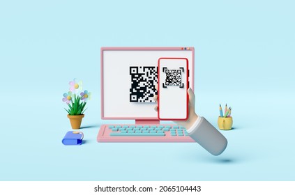 3d computer monitor with hand holding mobile phone, smartphone, qr code scanning isolated on blue background. franchise business or online shopping, cashless payment concept, 3d render illustration