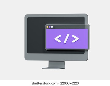 3D Computer Monitor And Program Code Development. Web Coding Concept. Website Programming. Realistic Elements. Cartoon Creative Design Icon Isolated On White Background. 3D Rendering