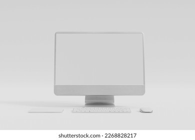 3d Computer monitor, wireless mouse, keyboard float on white background.  Desktop mockup blank white screen. 3d render