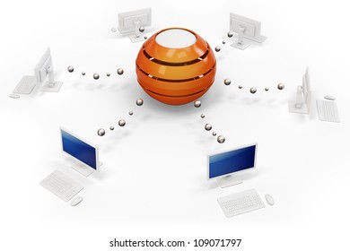 3d Computer Network With Central Hub Server On White Background