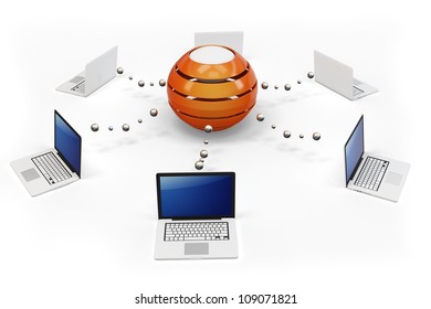 3d Computer Network With Central Hub Server On White Background