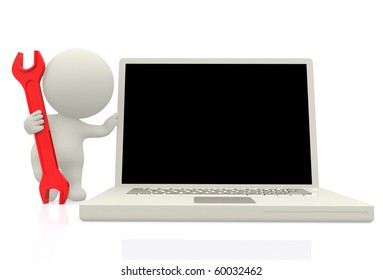 3D computer technician next to a laptop with a spanner - isolated - Powered by Shutterstock