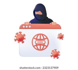 3D computer virus detection icons. System error warning on a laptop. Emergency alert of threat by malware, virus, trojan, phishing, or hacker. Creative antivirus concept 3D style.