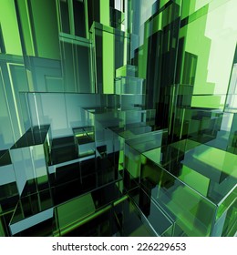 3d concept design, abstract green geometric background, architectural glass construction