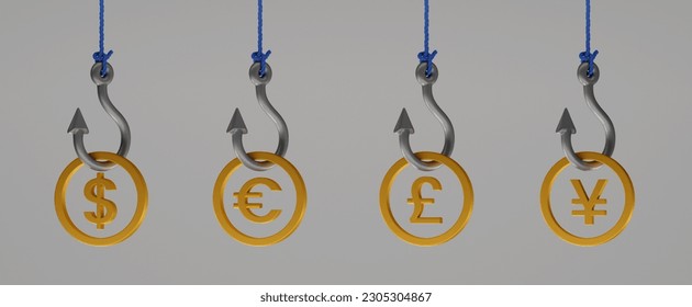 3d idea de concepto para hacer dinero (dólar, euro, libra, yuan). Atrapando dinero con caña de pescar.