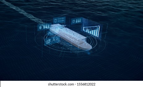 3D Concept Of A Large Container Ship At Sea, With Graphs And Charts About The Shipment.