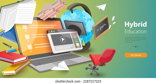 3D  Conceptual Illustration Of Hybrid Education, Blended Learning Class