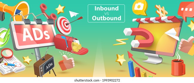 3D Conceptual Illustration Of Inbound Vs Outbound Marketing, Pros And Cons Of Online And Offline Marketing