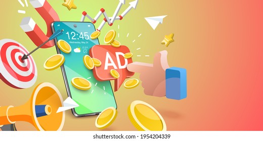 3D Conceptual Illustration of Mobile PPC, Digital Marketing Campaign, Pay Per Click Advertising, Affiliate Sales, Referral Program.