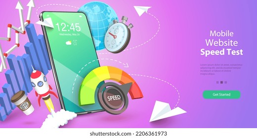 3D  Conceptual Illustration Of Mobile Website Speed Test, Page Loading Optimization