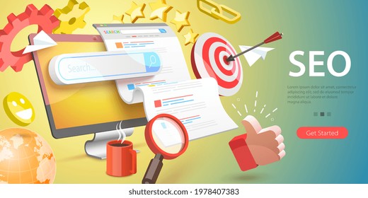 3D Conceptual Illustration Of SEO - Search Engine Optimization, Website Ranking, Keyword Research