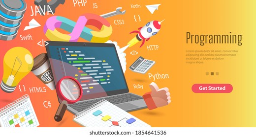 3D Conceptual Illustration of Software Development, Programming Languages Learning, Computer Coding Skills, Creating Websites and Mobile Apps.
