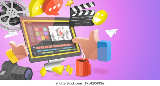 3D Conceptual Illustration Of Video Editing Software, Motion Design Studio, Multimedia Production.