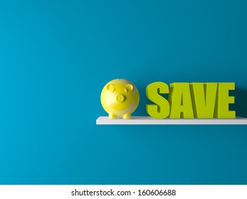 3d conceptually showing saving with piggy bank on wooden base in room