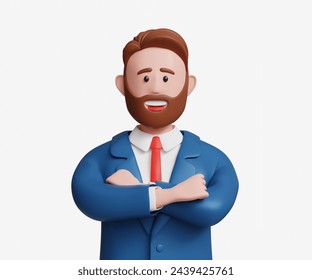 3D confident businessman in blue suit standing with crossed arms. CEO, entrepreneur, leadership, success, management concept. 3d illustration - Powered by Shutterstock