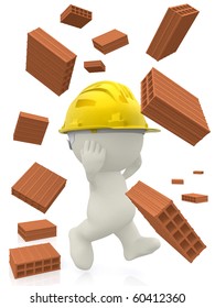 3D Construction Worker With Bricks Falling - Isolated Over A White Background