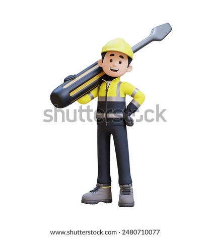 3D Construction Worker Character Carrying Big Screwdriver on Shoulder