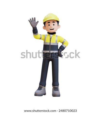 3D Construction Worker Character Waving Hand Pose