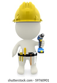 3D Construction Worker With Tools - Isolated Over A White Background