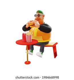 3D Cool Fat Male Cartoon Design Eating A Burger