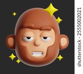 3d cool monkey with sparkles emoji icon. Cartoon animal with shining stars emoticon isolated on gray background